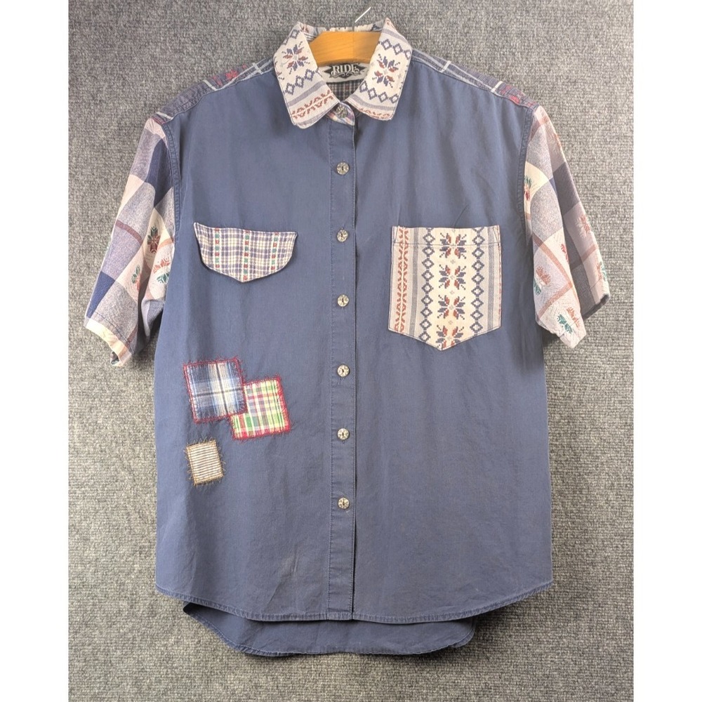 Vintage 90s Ride Western Patchwork Plaid Button Front Shirt Blue Country Cottage